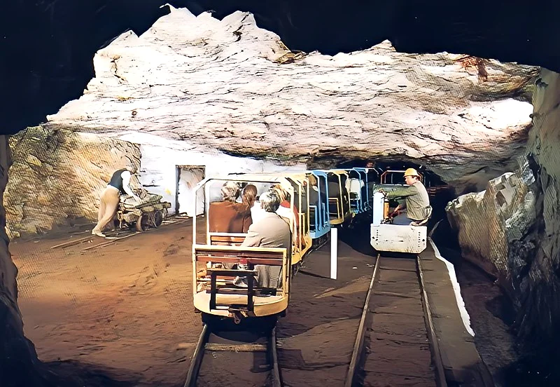 Llechwedd Slate Caverns miners tramway showing the underground passing loop