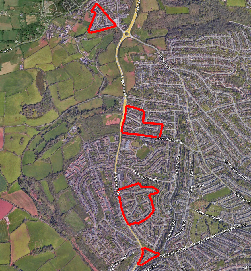 Map showing the locations of the four former holiday camps in Paignton, all now redeveloped as housing.. Torbay Chalet Hotel at the top, then the Devon Coast Country Club, then Pontins South Devon and finally Paignton Holiday Camp at the bottom