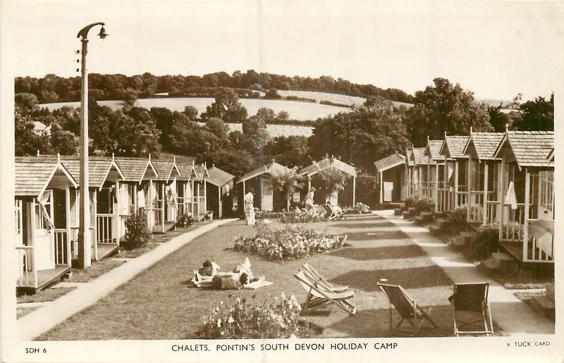 1950s postcard of Pontins south Devon holiday camp showing rows of chalets