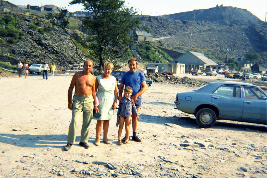 1973 family group taken at Llechwedd Slate caverns in 1973