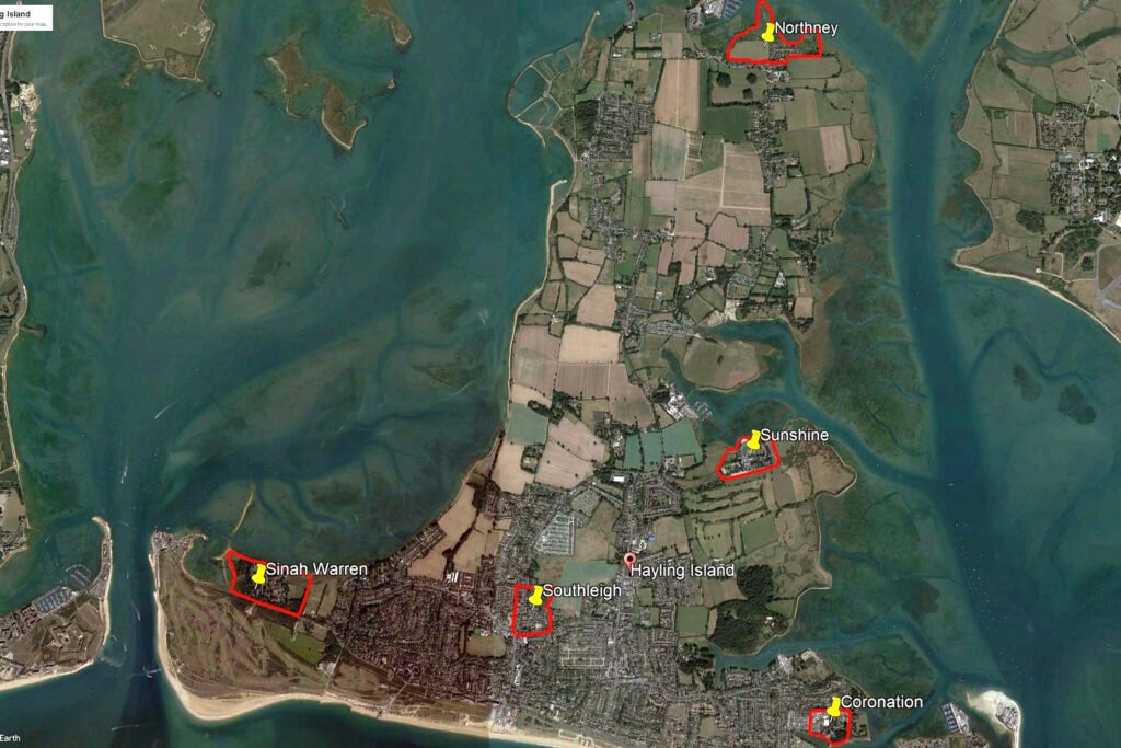 Map showing the locations of holiday camps on Hayling Island