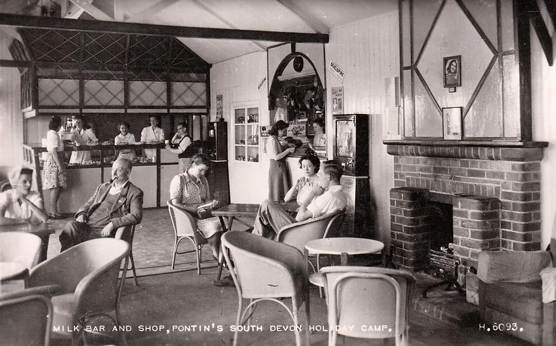 1950s postcard of Pontins south Devon holiday camp showing the milk bar and shop
