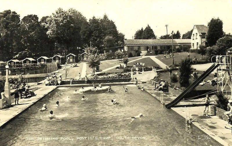 1950s postcard of Pontins south Devon holiday camp showing the outdoor swimming pool