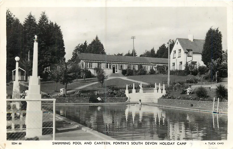 1950s postcard of Pontins south Devon holiday camp showing the swimming pool and canteen