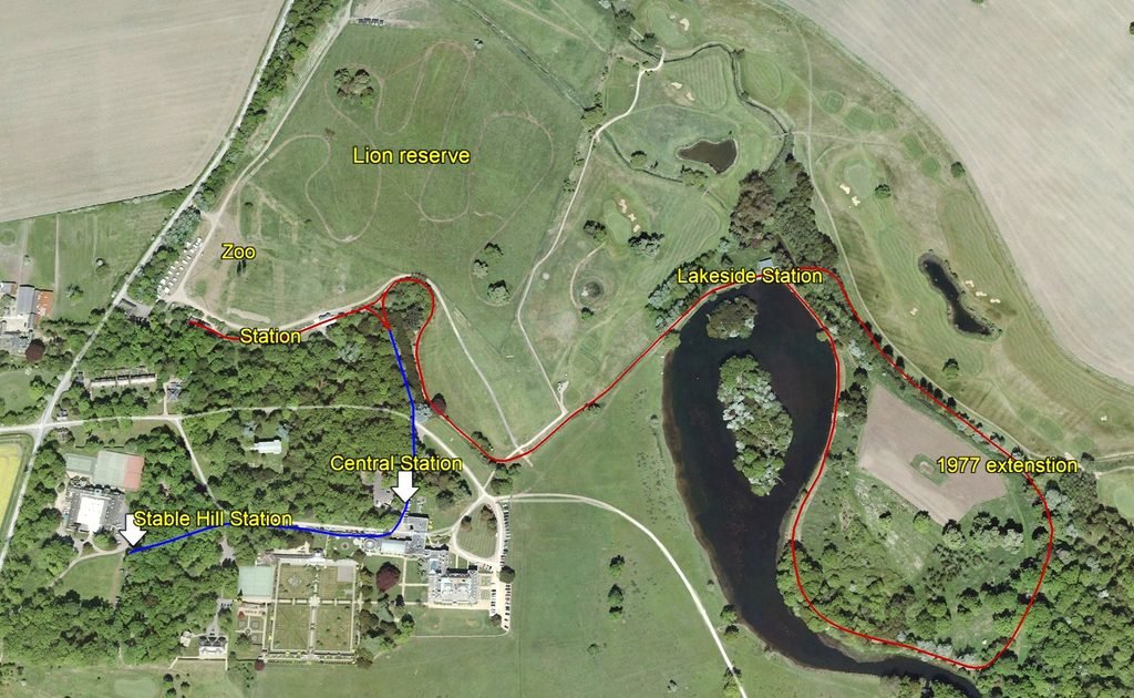 Recent aerial view of Stapleford Park. The blue line indicates the closed section of the miniature railway while the red line shows the current operating track. The outline of the roadway for the lion reserve is still visible
