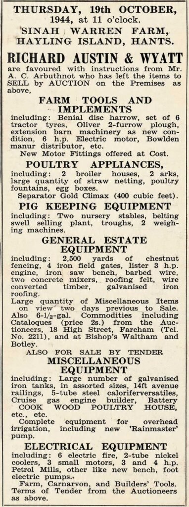 1944 advert selling off the farm equipment at Sinah Warren