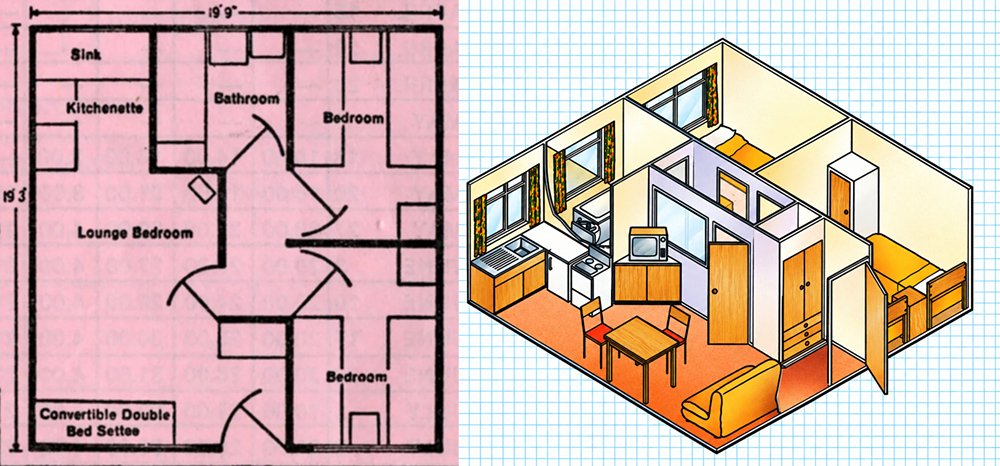 Standard Pontins two-bedroom self catering chalet. Sometimes the layout was mirrored with the bedrooms on the left. In later years the hallway between the living area and bedrooms was eliminated.