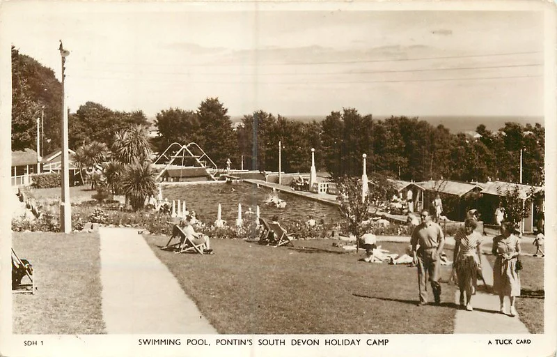 1950s postcard of Pontins south Devon holiday camp showing the outdoor swimming pool