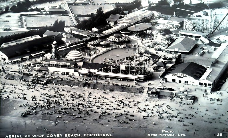 early aerial view of the Coney Beach amusement park in Porthcawl