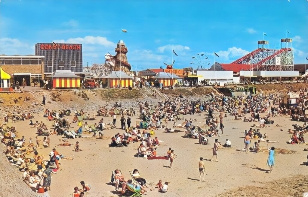 the beach at Porthcawl with the amusement park in the background