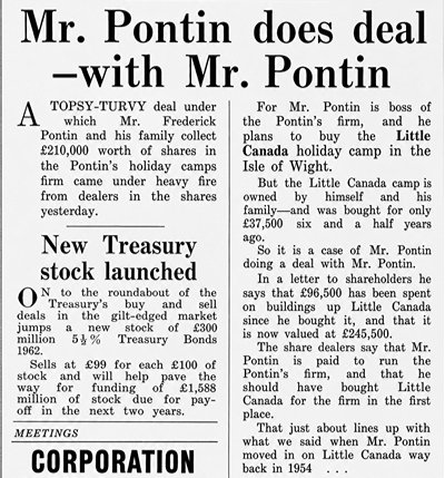 Press cutting about Fred Pontin selling Little Canada to Pontins Ltd in 1960