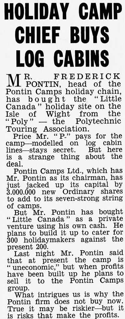 Press cutting about Fred Pontin buying Little Canada in 1954