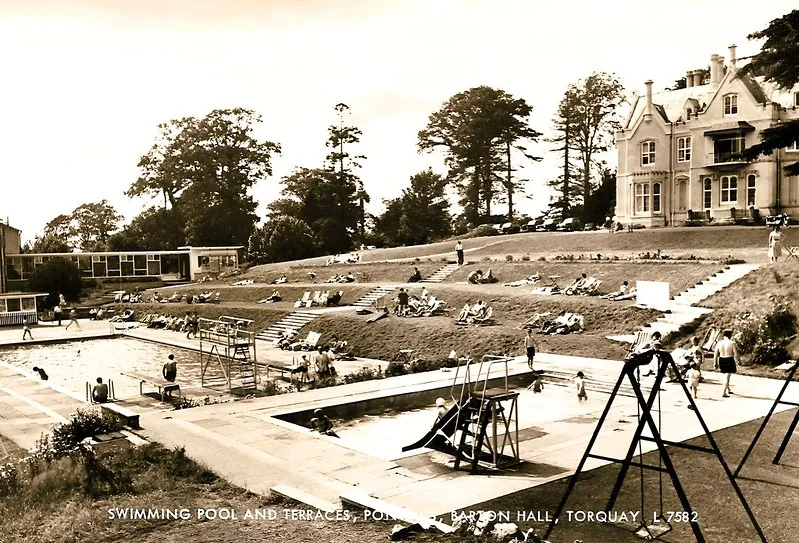 barton hall Holiday camp, Devon 1950s postcard showing the swimming pool and terraces