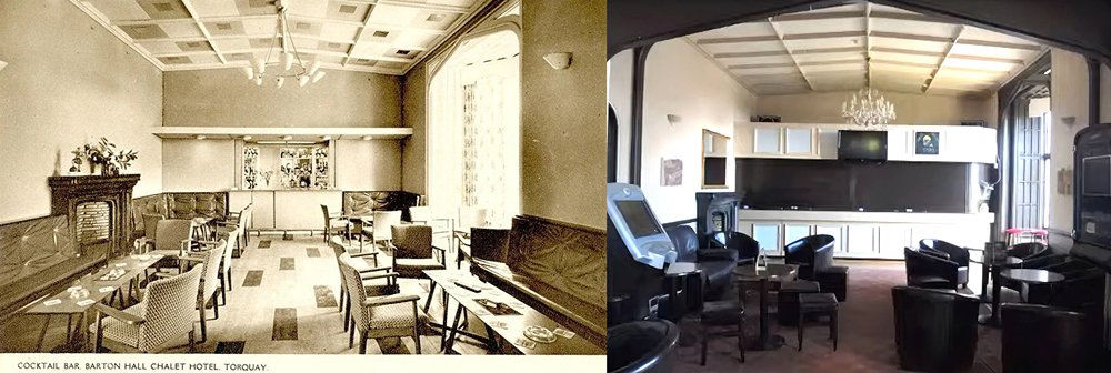 The cocktail bar at Barton Hall seen in the 1950s and today