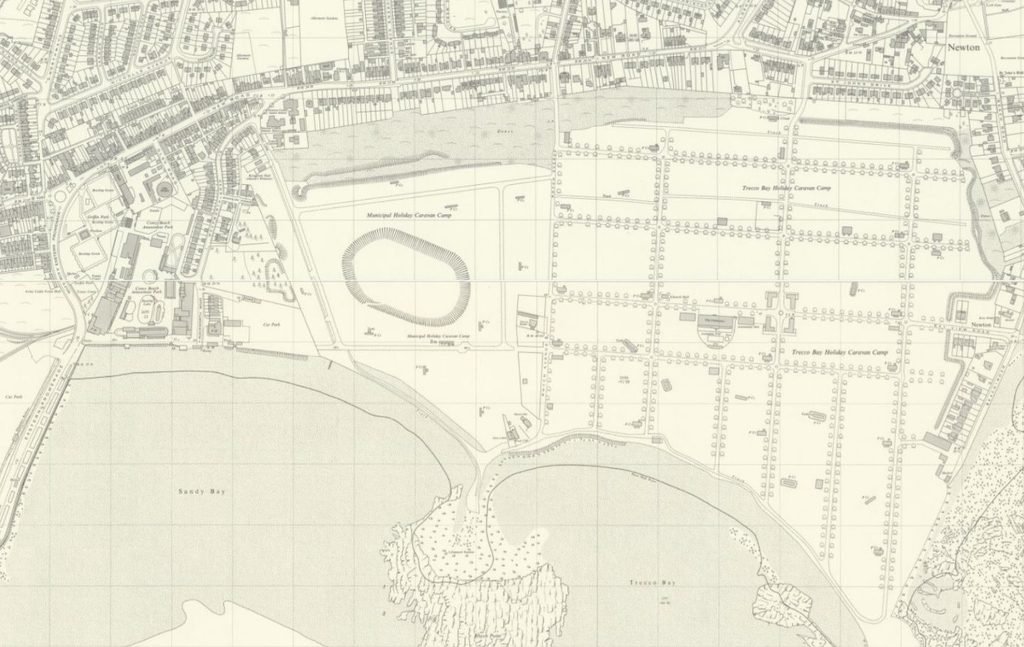 1960s map of Porthcawl showing Coney Beach on the left, the arena in the middle and Trecco Bay on the right