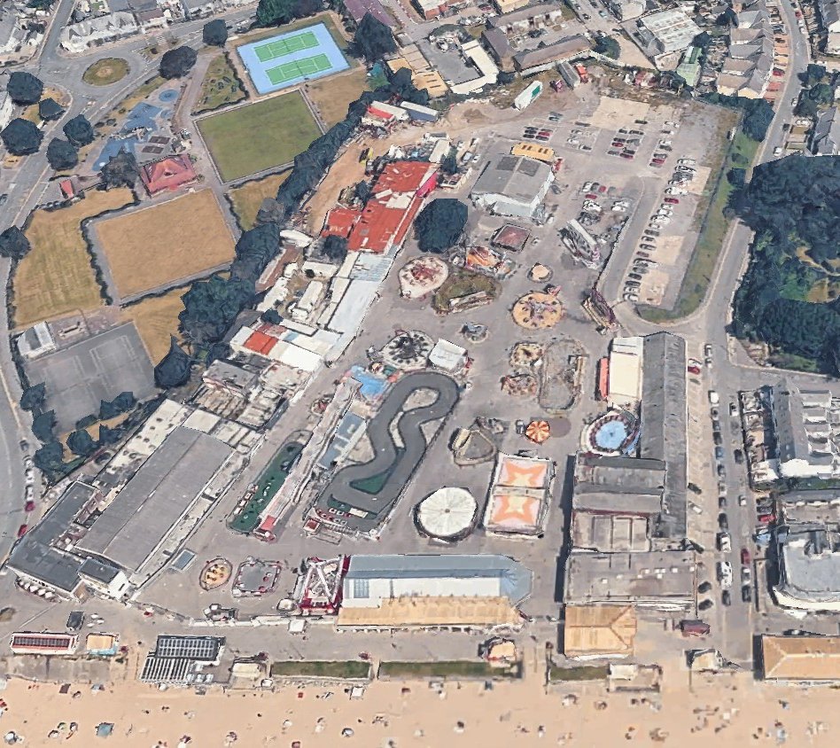 Aerial view of Coney Beach Porthcawl during its latter years