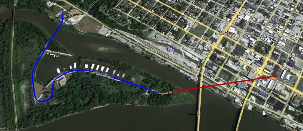 Modern day map of Quinsippi Island. The blue line shows the route of the Quinsippi Island railroad while the red line shows the route of the Sky Cruise