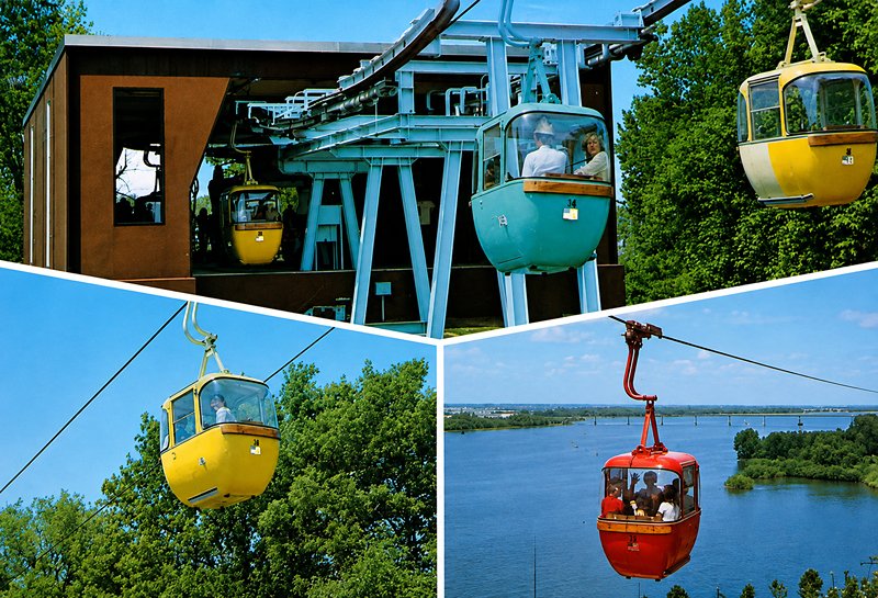 Multiview postcard showing the Sky Cruise ride linking Quincy to Quinsippi Island