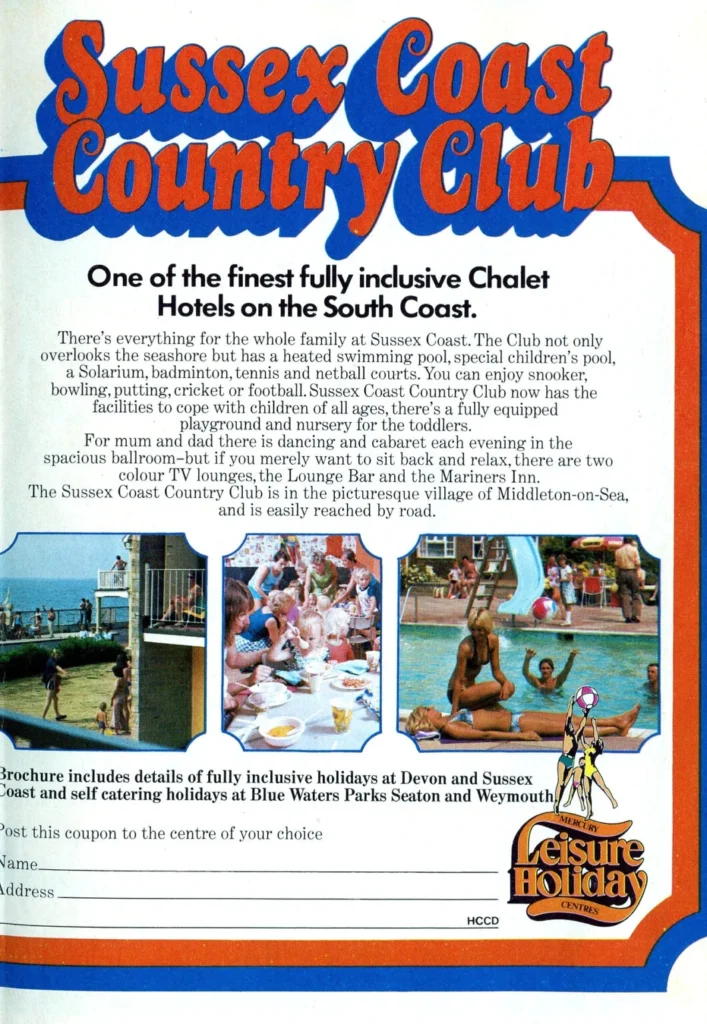 Southdean Holiday Camp, Middleton on Sea 1977 advert for the Sussex Coast Country Club in Middleton on Sea