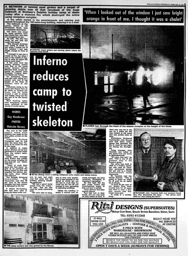 1991 press cutting about the fire st Pontins Dolphin holiday camp