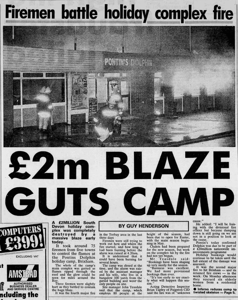 1991 press cutting about the fire st Pontins Dolphin holiday camp