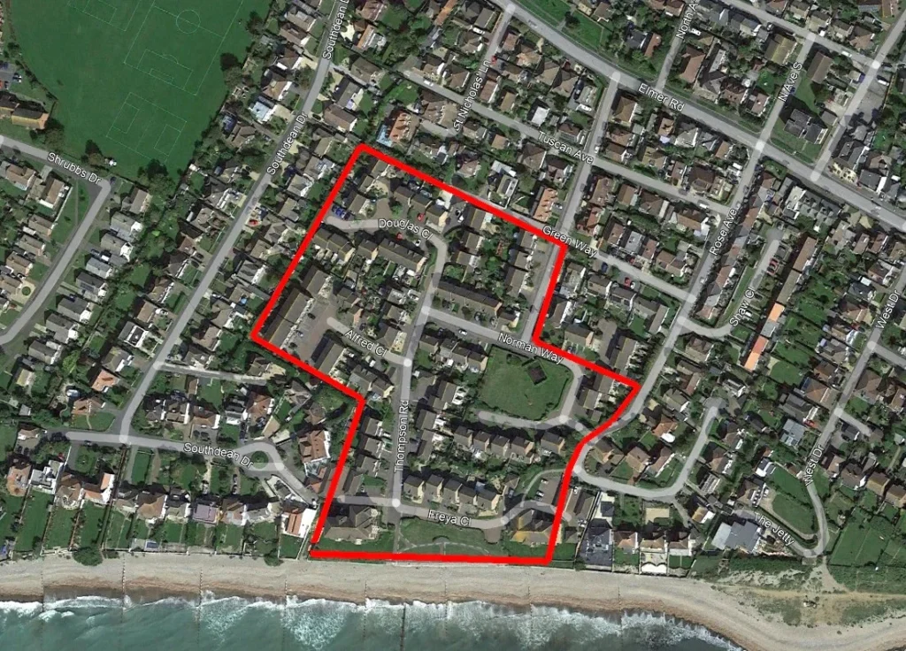 Close up map showing the location of the former Southdean Holiday camp in Middleton on Sea