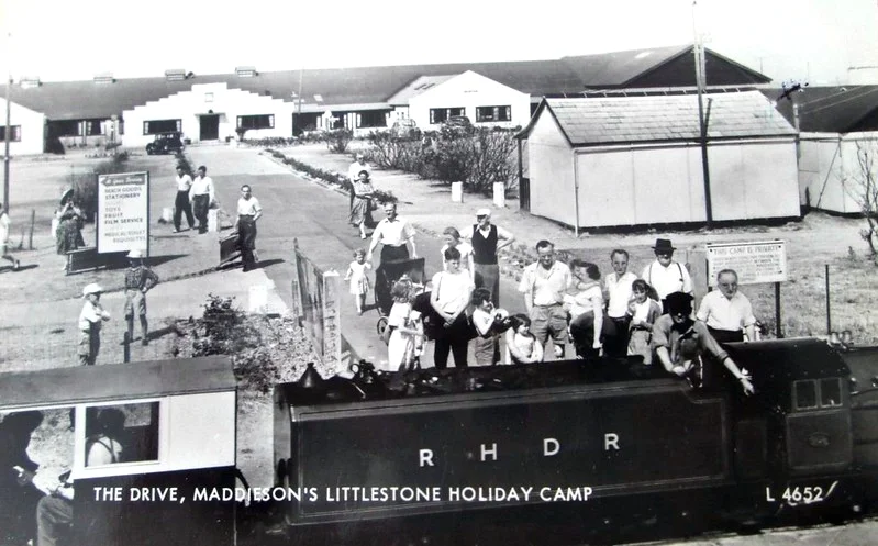 Vintage postcard of Maddiesons Littlestone Holiday Camp with locomotive from the nearby Romney Hythe and Dymchurch railway