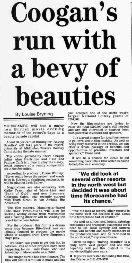 Steve Coogan movie at Pontins Middleton Tower Holiday Camp 1995 press cutting