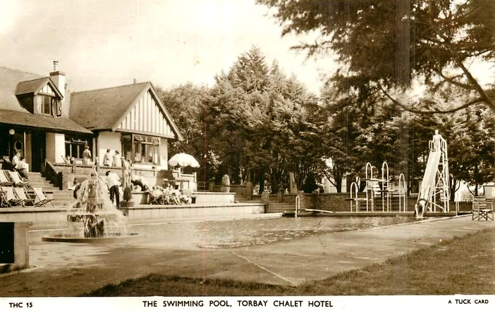 Vintage postcard of the Torbay Chalet Hotel showing the swimming pool