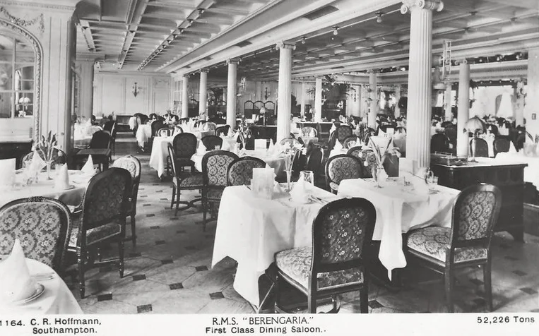 Vintage postcard of the Cunard line RMS Berengaria dining saloon