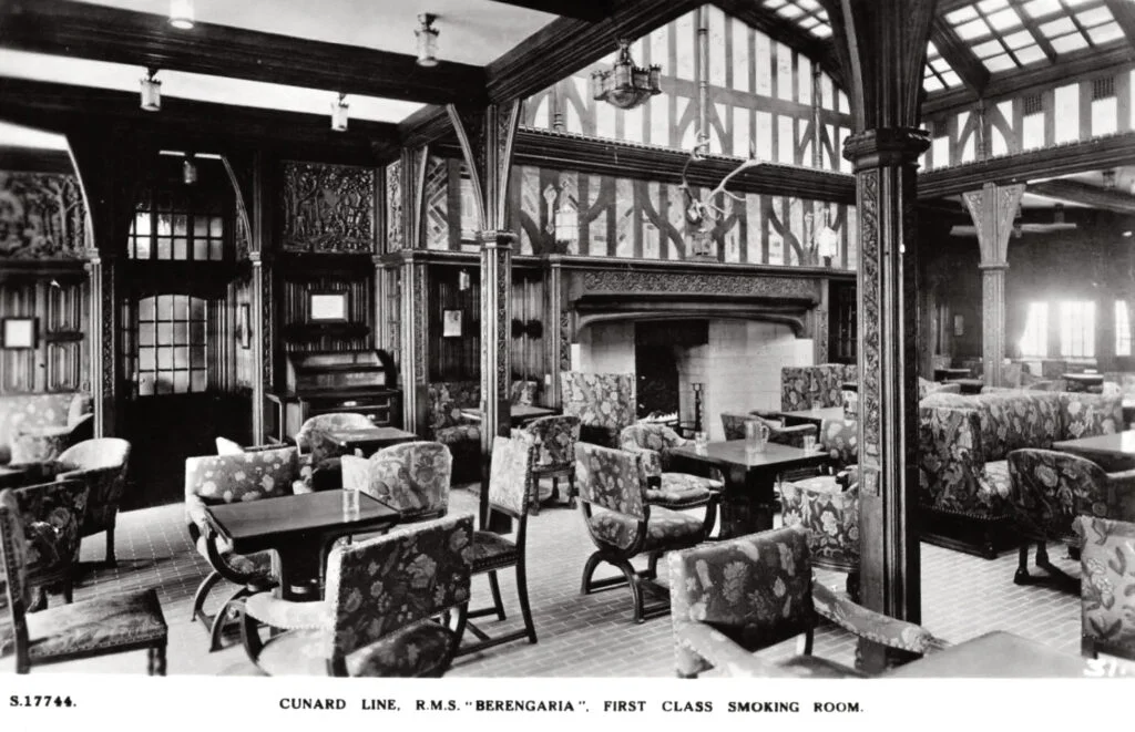 Vintage postcard of the Cunard line RMS Berengaria smoking room