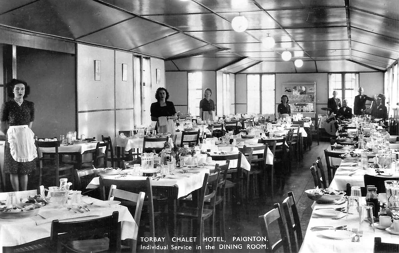 Vintage postcard of the Torbay Chalet Hotel showing the dining room
