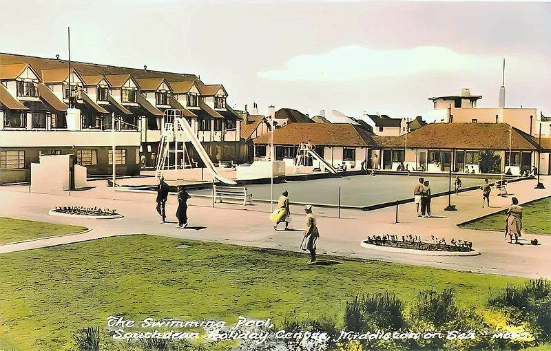 Vintage postcard showing the swimming pool at Southdean Hotel in Middleton on Sea