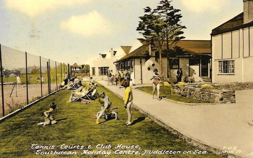 Vintage postcard showing the tennis courts and club house at Southdean Hotel in Middleton on Sea