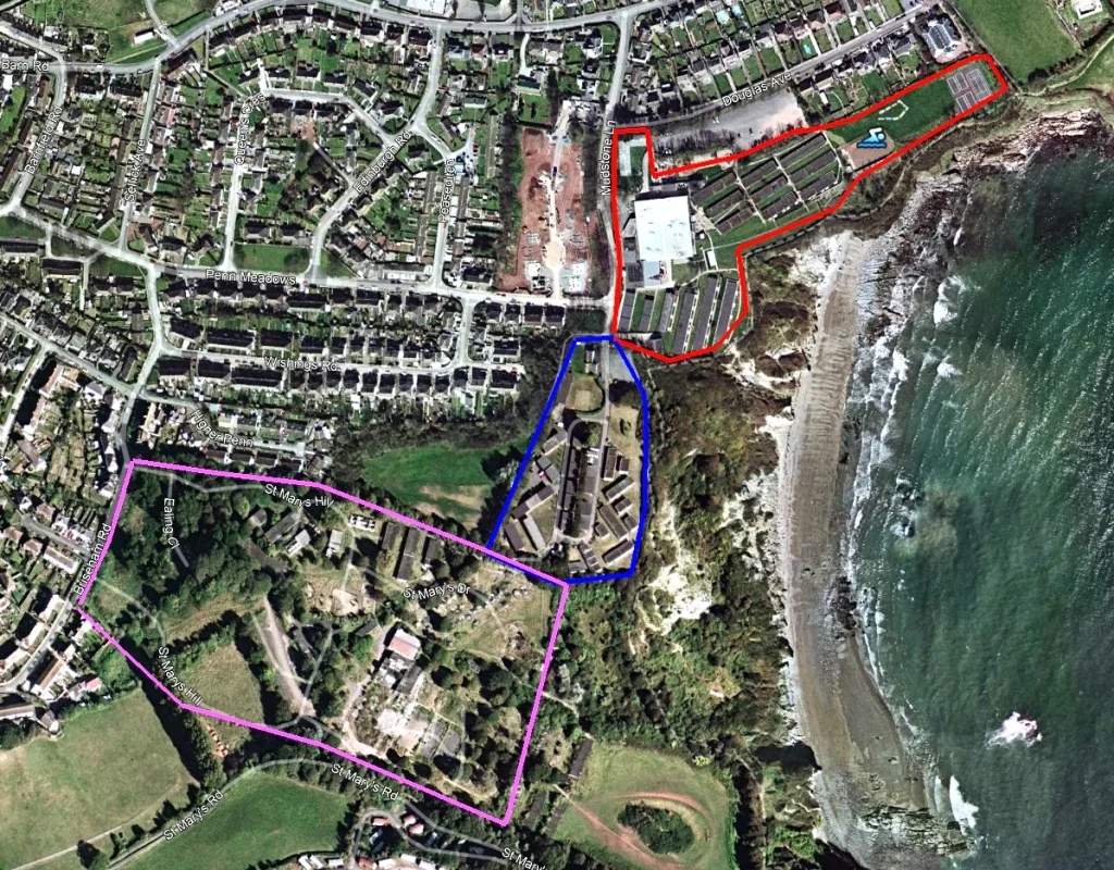 2000s aerial photo of Brixham showing the three Holiday camps owned by Pontins - St Mary's Bay at the top, Homelea in the middle and Dolphin at the bottom