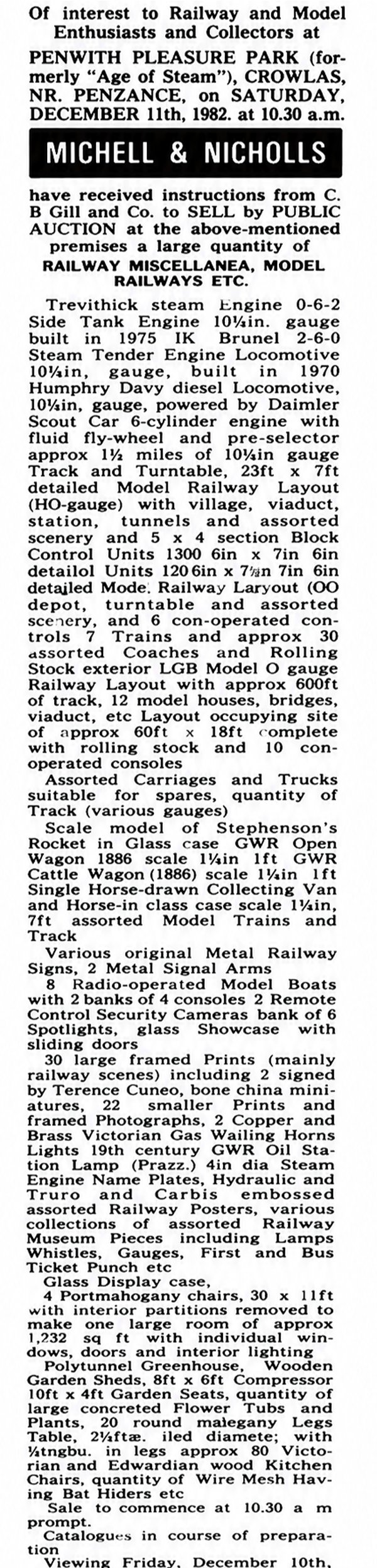 press cutting of the age of steam auction 1982