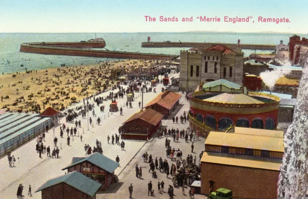 1920s postcard of ramsgate amusement park showing the roller coaster and water chute