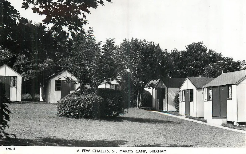 St Marys Bay vintage postcard, Brixham showing the chalets