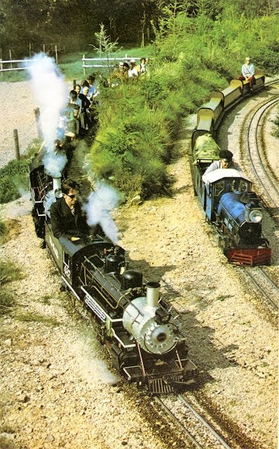 Dobwalls Forest Railroad with the two K36 locos double headed while the 0-6-0 David Curwen can be seen passes with another train 1973