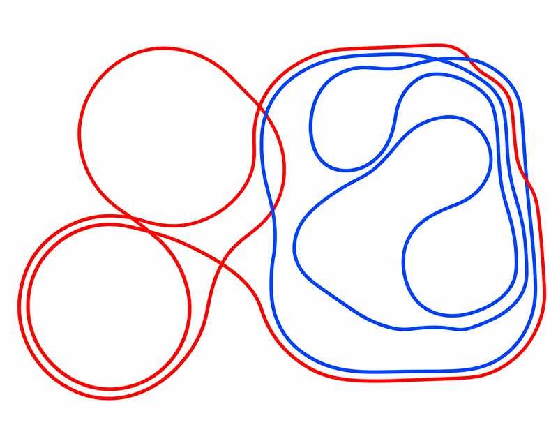 track layout at dobwalls Forest Railroad with the red line showing the Union Pacific route and the blue line showing the Rio Grande route