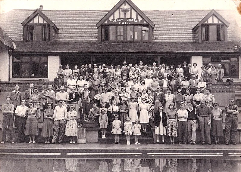 Vintage photo of a large group of people at the Torbay Chalet Hotel