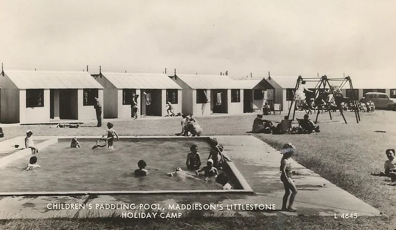 Vintage postcard of Maddiesons Littlestone Holiday Camp showing the kids paddling pool