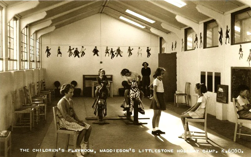 Vintage postcard of Maddiesons Littlestone Holiday Camp showing the childrens playroom