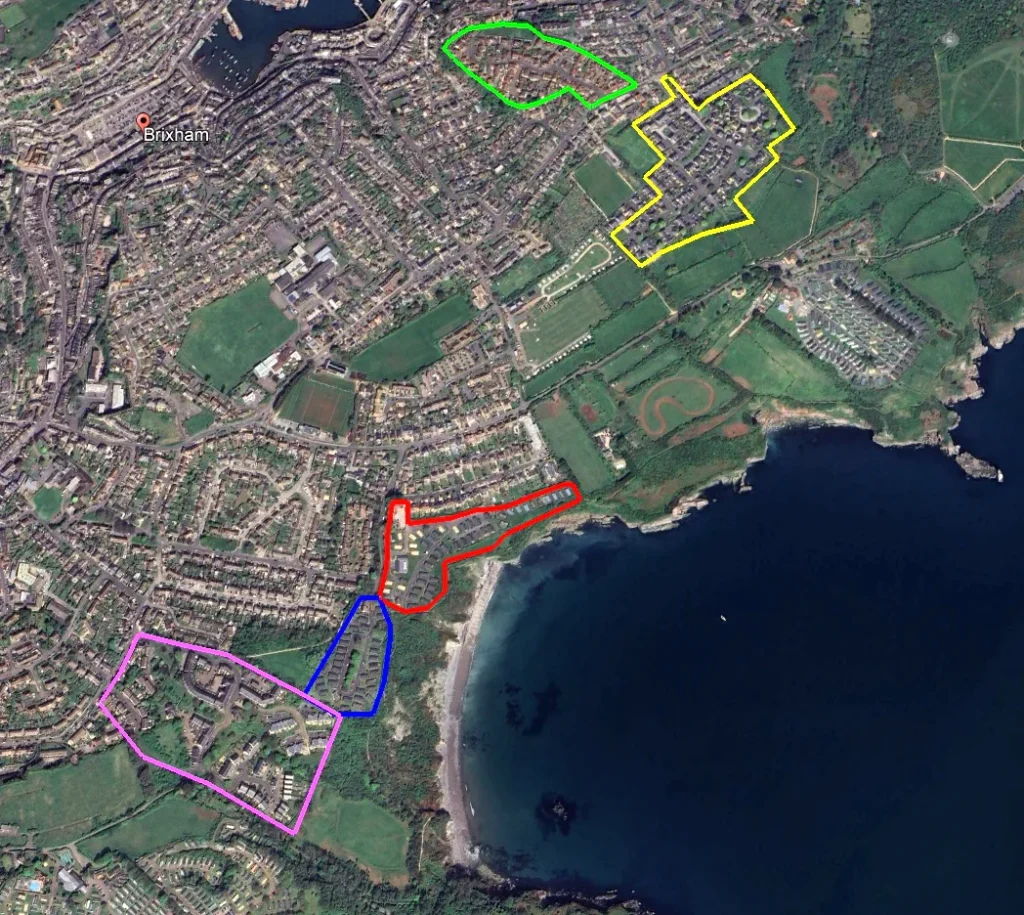Locations of the five former Pontin camps in Brixham - Dolphin (purple), Homelea (blue), St Mary's Bay (red), Wall Park (Yellow) and Bay View (green)