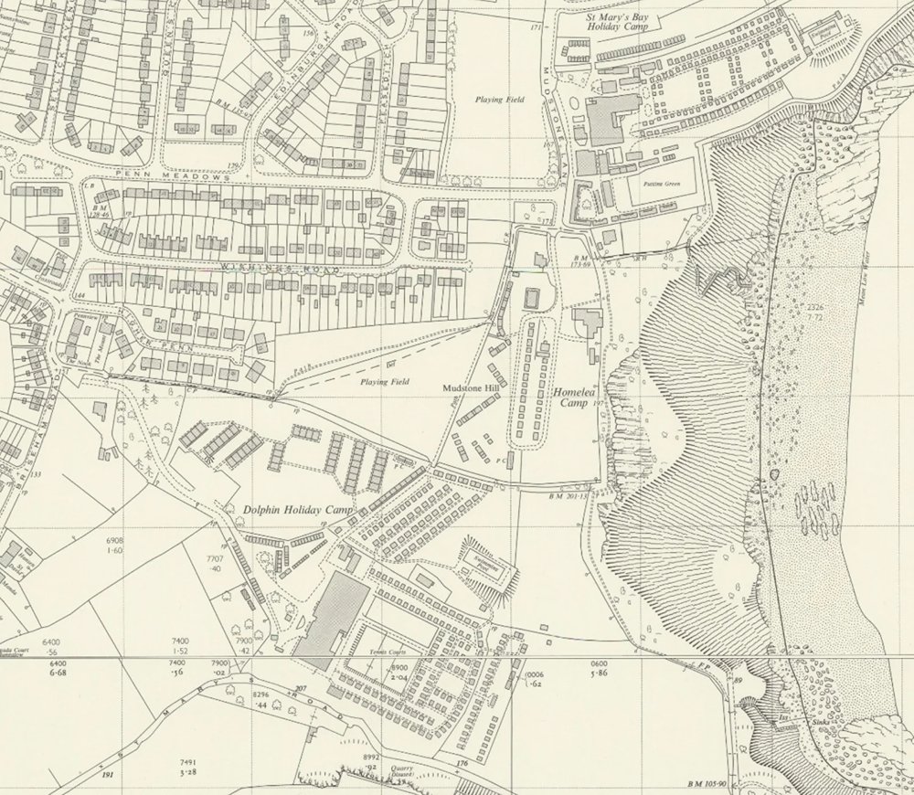 1960s map of Brixham showing the three Holiday camps owned by Pontins - St Mary's Bay at the top, Homelea in the middle and Dolphin at the bottom