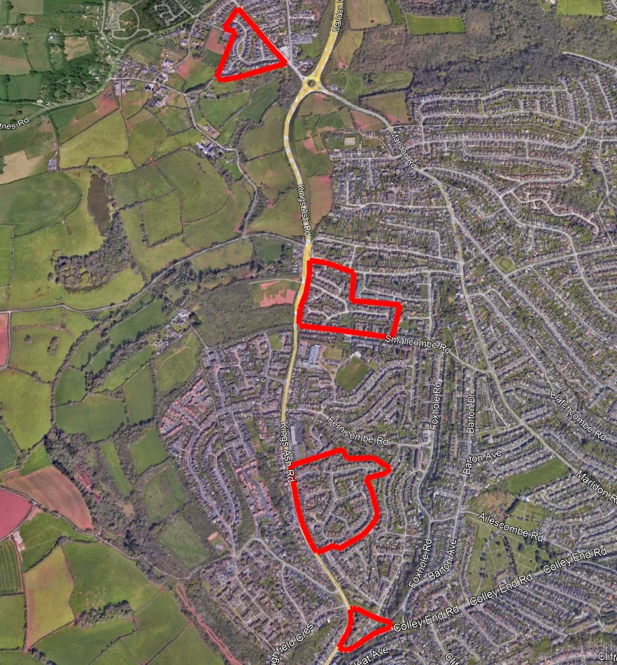 Map showing the locations of the four former holiday camps in Paignton, all now redeveloped as housing.. Torbay Chalet Hotel at the top, then the Devon Coast Country Club, then Pontins South Devon and finally Paignton Holiday Camp at the bottom
