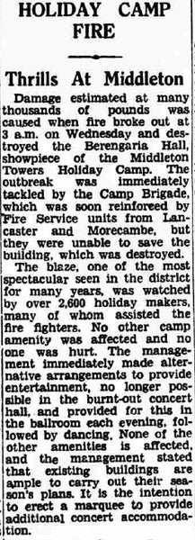 press cutting about the 1948 Middleton Tower Holiday Camp fire