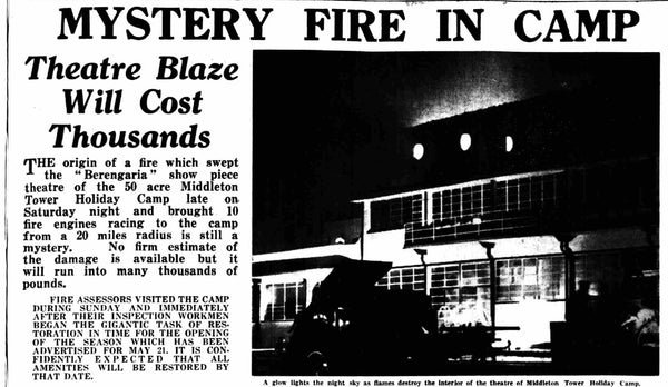 press cutting about the Middleton Tower Holiday Camp 1955 fire