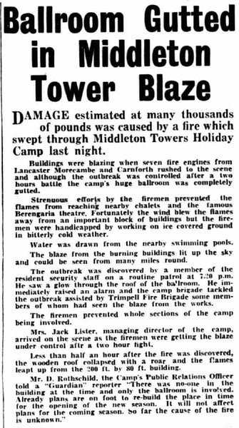press cutting about the Middleton Tower Holiday Camp 1959 fire