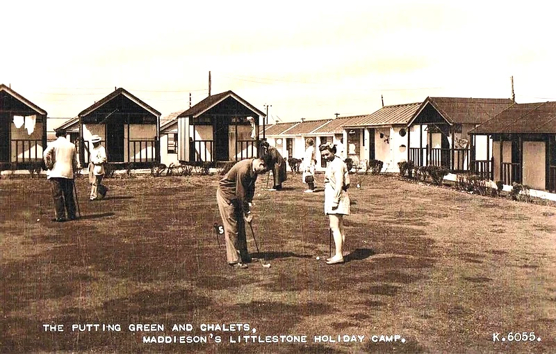 Vintage postcard of Maddiesons Littlestone Holiday Camp showing the putting green